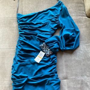 Blue off shoulder shirred bodycon dress